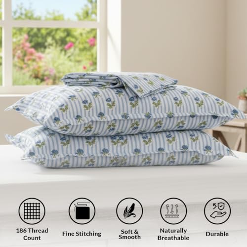 Image of HOMEMONDE 186 TC Soft Cotton Fitted Sheet Floral Printed Single Size Elastic Fitted Bedsheet with One Pillow Covers - (72 X 36 Inches, Blue) | Perfect for Home Decor & Gifting