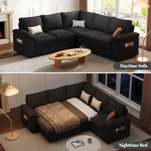 Image of 85 Inch Modular Sectional Sofa with Pull Out Bed, L Shaped 5 Seat Sectional Sleeper Sofa with Storage, Sectional Couches for Living Room, Cloud Modular Couch,Removable Sofa Cover, Black