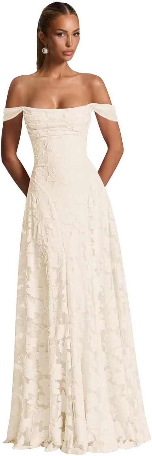 Floral Chiffon Plus Size Bridesmaid Dresses for Women Cowl Neck Lace Pleated A Line Long Prom Dresses 2025 Off The Shoulder Champagne Ball Gown US Size 24W