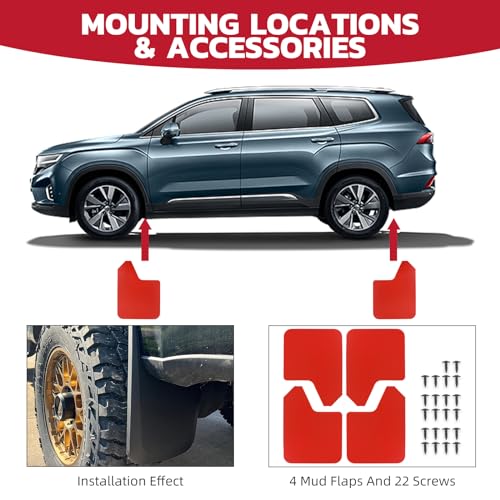Image of Car Mud Flaps 4PCS Universal Fit Red Splash Guards Flexible and Bendable Mudguard Fender Flare Cuttable Mudflap Car Accessories Compatible with Pickup SUV Trucks