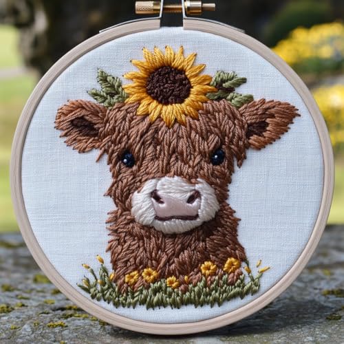 DIY Punch Needle Kits for Beginners Cute Highland Cow Sunflower on Head with Hoop Embroidery Punch Needle Starter Set Easy for Adults and Kids Festival Gift and Decor 20x20cm-2