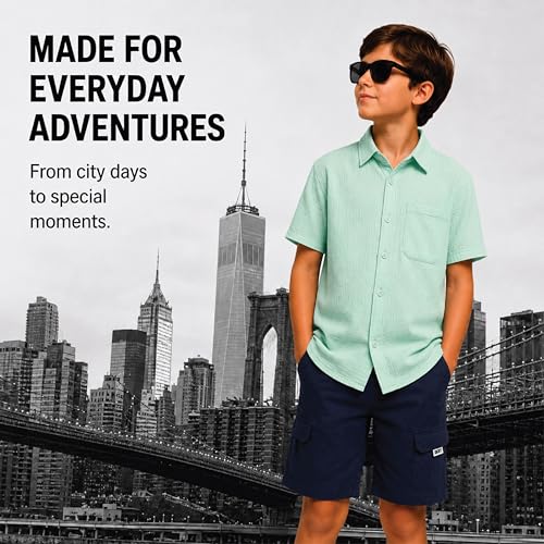 Image of DKNY Boys Shorts Set - 2 Piece Short Sleeve Collared Button Down Shirt and Matching Shorts for Boys (Sizes: 8-12)
