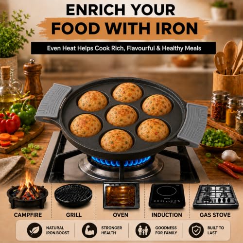 Image of Aditi Naturally Oil-Seasoned Appam Pan 7 Pit for Unniyappam /Paddu /Paniyarkal /Paniyaram(7 inch /18 cm), Heat-Resistant Silicone Handles