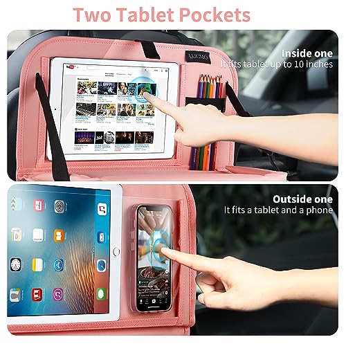 Image of LUCMO Car Backseat Organizer with Foldable Tablet Holder, Pink | 2 Pcs,6 Storage Pockets,Foldable Food Tray,Protectors Kick Mats,Travel Accessories,Seat Cover,Road Trip Essentials