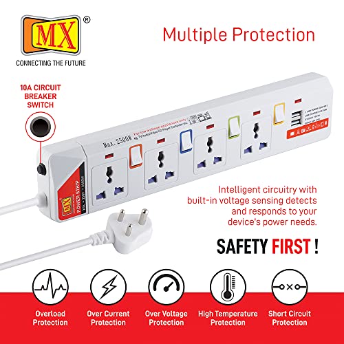 Image of MX 4-Way Power Strip with Individual Switches & LED Indicator | Spike Guard with Circuit Breaker | 2 USB Ports 5V 2.1A | Child Safety Shutter, 3M Cord