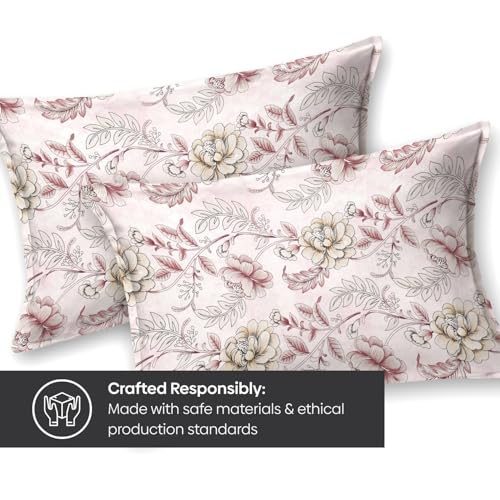 Image of Rivermoor 144 TC Cotton Bedsheet for Double Bed | Queen Size Bed Sheet with 2 Pillow Covers | Blush Pink Botanical Floral | 90 x 100 Inches