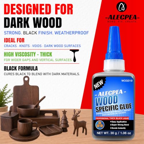 Image of Black Wood Glue, Thick CA Glue for Dark Wood, 30g with 3 Droppers | High-Viscosity Black Formula Stays On The Joint And Bridges Small Gaps In Dark Wood And Bamboo Repairs