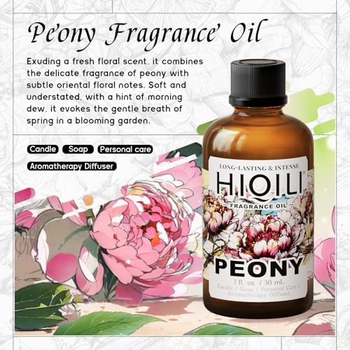 Image of HIQILI Peony Fragrance Oil for Diffuser, Candle & Soap Making - 1 Fl Oz | Idea for Making Women's Perfume, Car Air Freshener, Skin & Body Care - 30 ML
