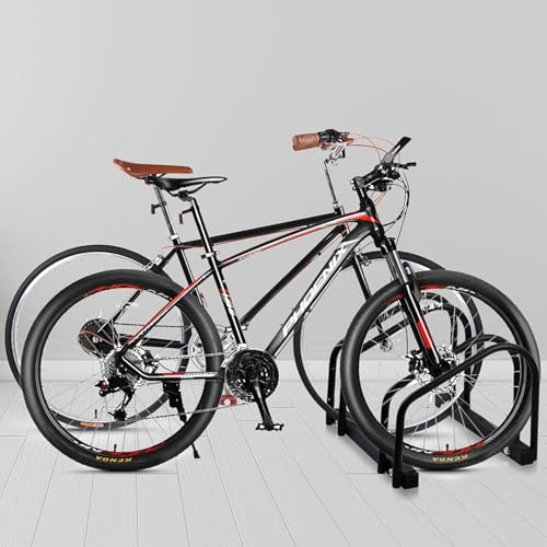 Image of India Heavy-Duty 2-Bike Floor Mount Bicycle Parking Stand | Black Staggered Space-Saving Cycle Storage Rack | Dual Wheel Parking Organizer | Two-Position Bicycle Support for Neat Ground Arrangement
