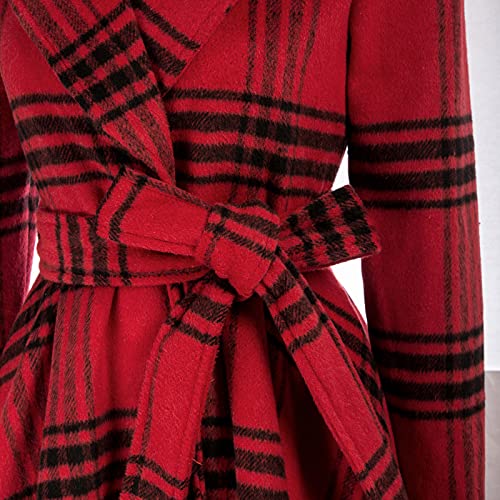 Grace Karin Women's Basic Designed Lapel Mid-Long Fit Flare Pea Coat With Belt Black+Red Small #TOP3