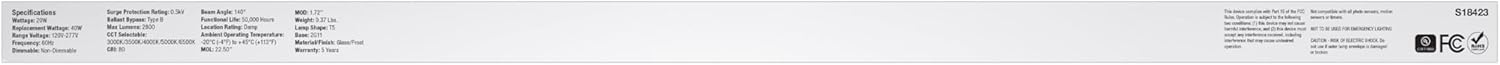 Satco S18423 20W PLL LED Lamp, 2G11 Base, Ballast Bypass Type B, Selectable CCT 3000K to 6500K Soft White to Daylight, 2650-2800 Lumens, Frost, 120-277V, Damp Location, Shatter Proof (20 Pack)