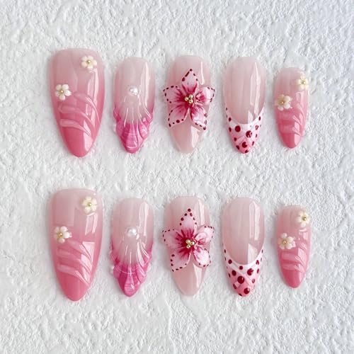 24Pcs Pink Press on Nails Medium Almond Fake Nails with