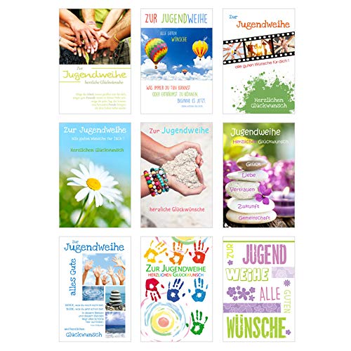 Edition Seidel Set 9 Premium Karten zur Jugendweihe mit Umschlag (Doppelkarten/Klappkarten mit Briefumschlag) Karte Postkarte Jugendweihekarten