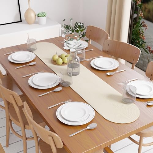 Image of Encasa XO Table Runner for 4 Seater | Handmade Ribbed Style Cotton | 30x137 cm | Off White | for Dining & Center Table