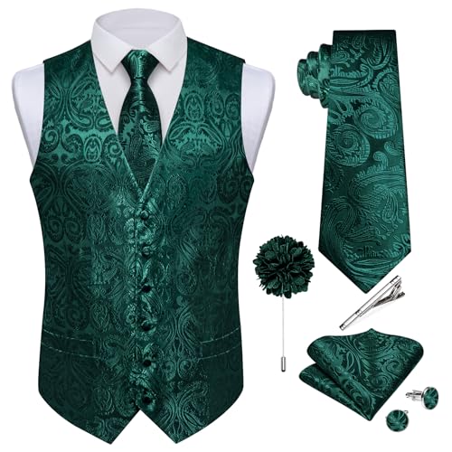 DiBanGu Mens Paisley Vest Tie Set with Lapel Pin Tie Clip 7PCS Silk Woven Necktie and V-Neck Suit Waistcoat for Tuxedo Party
