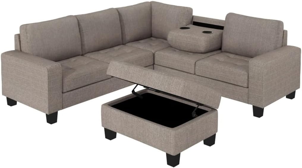 Sectional Corner Sofa L-Shape Couch Space Saving with Storage Ottoman & Cup Holders Design for Large Dorm Apartment