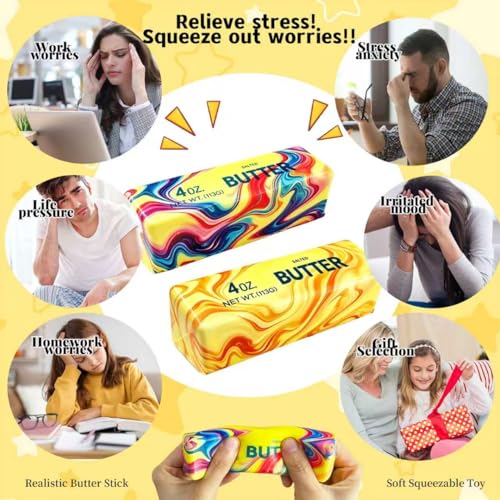 2 Pack Butter Squishy Fidget Toy, Realistic Butter Stick, Slow Rising Non-Stick TPR Squeeze Toy, Soft Sensory Desk Toy for Adults & Kids, Office Gift (Marbled Rainbow Colors) - image 8