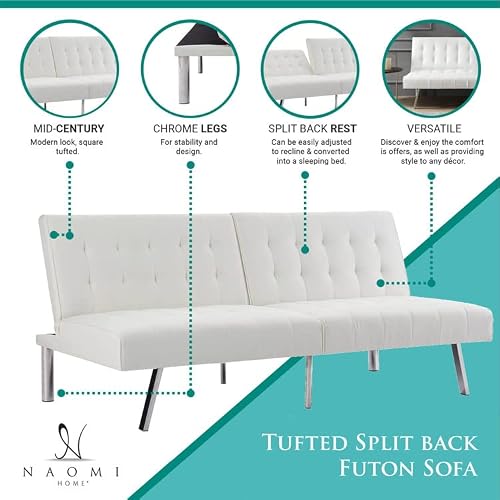 Naomi Home Tufted Split Back Futon Sofa Bed, Faux Leather Couch Bed, Futon Convertible Sofa Bed With Chrome Legs, Folding, Reclining Small Convertible Couch, Futon Couches For Living Room White #TOP6