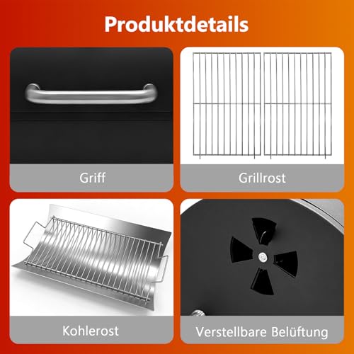 kisidus Holzkohlegrill mit integriertem Thermometer, Barrel-Design, Campinggrill Kohle BBQ Grills, Grillrost 43x32 cm, Schwarz