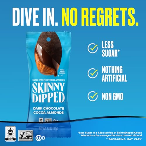 Image of SkinnyDipped Dark Chocolate Cocoa Almonds, 1.2oz Bags | 15 Pack | Crunchy Whole Almonds Thinly Dipped in Chocolate | Gluten Free | Plant Protein Snack Packs