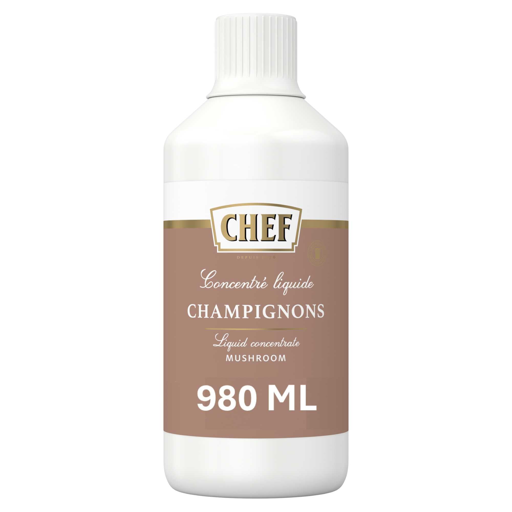 CHEF Concentré Liquide Champignons - A base de 40% de Champignons Réhydratés - Utilisable à Chaud et à Froid - Gain de temps - Aide Culinaire, Sauce, Fonds, Fumet - Bouteille de 980 ml
