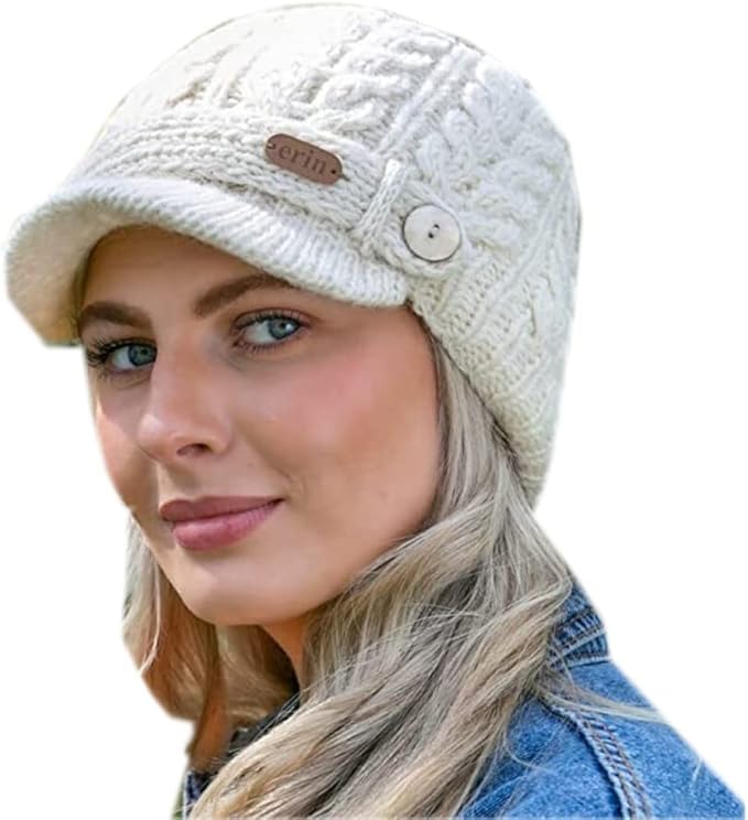 Cable Knit Wool Peak Cap for Women, 100% Wool,...