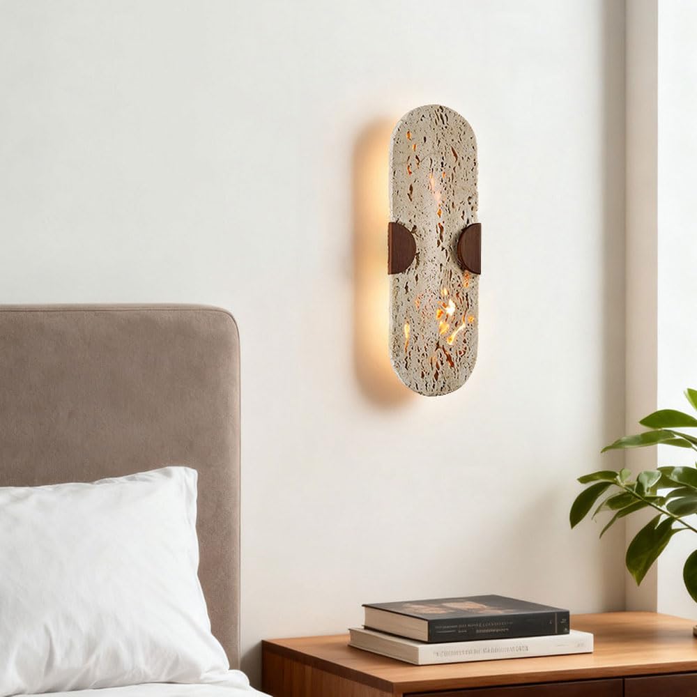 Applique da Parete in Stile Industriale, Ovale da 35 cm (13,7 Pollici) in travertino Giallo, Sorgente Luminosa G9, Lampada da Parete in Pietra Naturale, apparecchi di Illuminazione Decorativi