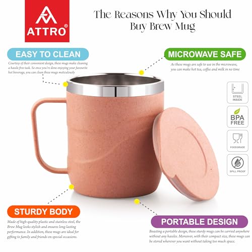 Image of ATTRO Brew Mug - Stainless Steel Inner with eco Friendly Outer Body Durable & Stylish, Microwave Safe Coffee /Tea Mug with Handle & Lid, Ideal for Home, Office, Travel & Gifting - 300ml - Pastel Peach