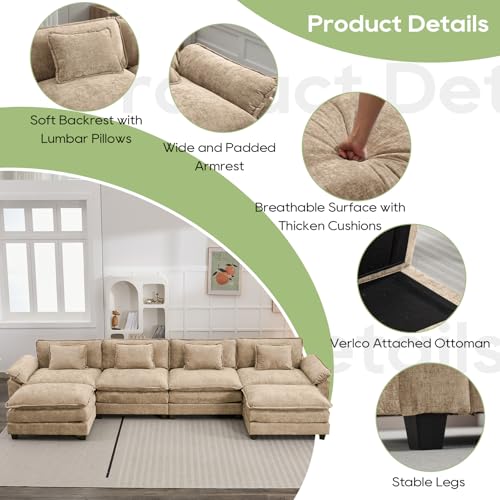 Image of Oprisen 154 inch Modular Sectional Sofa, Comfy Cloud Couch Sectional Sofa with Ottoman, Chenille Sofa Sleeper Deep Seat Sofa with Throw Pillows for Living Room (Khaki, 154 inch- U Shape)