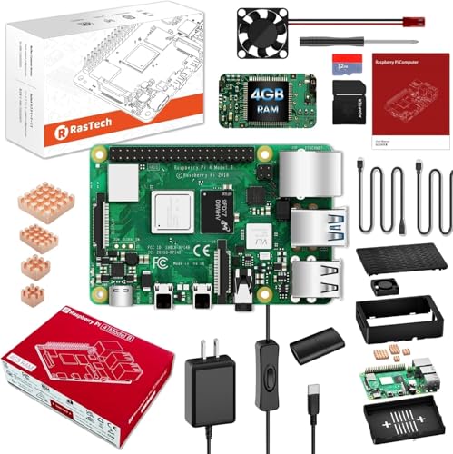 RasTech Raspberry Pi 4 4GB Starter Kit with Pi 4 4GB Board, 32GB Card 4 Copper Heatsink 2 HD Out Cable 5V 3A Power Supply with ON/Off Case Cooling Fan Card Reader Screwdriver