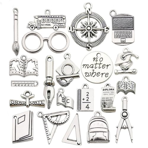Libiline 20pcs Pendant Charm for Necklace Bracelet Jewelry Making Bags Decoration Charm Diy Scrapbooking Supply Book Pen Glasses(Stationery)