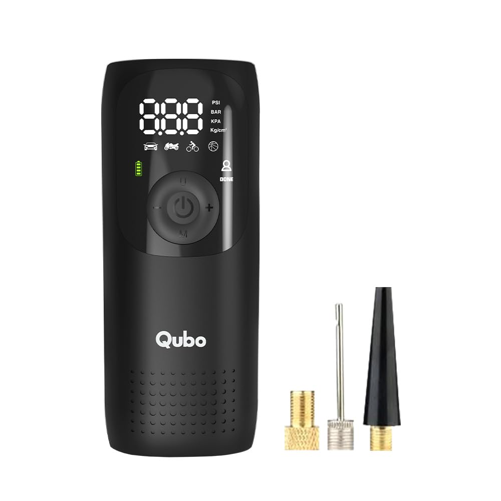 Qubo Smart Tyre Inflator for Cars & Bikes from Hero Group | 150 PSI | 2x2000 mAh Battery | Type C Port | Digital Display | 5 Air Fill Modes | LED Light | Multiple Modes | Multiple Nozzles |