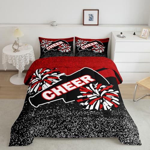 Image of Feelyou Red Glitter Cheer Comforter Set Dreamy Girly Gymnastic Sports Comforter for Kids Boys Girls Gymnastics Lovers Bedding Set Cheer Sports Glitter Duvet Set Room Decor Quilt King Size Boys