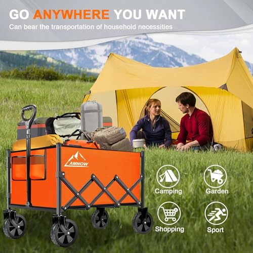 Image of Collapsible Folding Wagon Cart, 350LBS Utility Large Capacity Cart Foldable Wagon with All Terrain Wheels, Grocery Wagons Carts for Garden Shopping Sports Camping, Bright Orange