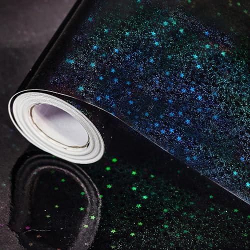 Black Holographic Wrapping Paper Roll 43cm x 10m Black Metallic Gift Wrapping Paper Shiny Stars Gift Wrap for Birthday Party Wedding Baby Shower Holiday Christmas