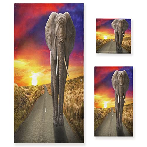 Sunset - Juego de 3 toallas de baño de elefante africano, toallas absorbentes, 1 toalla de baño + 1 toalla de mano + 1 toallita para la cara, juego de 3 toallas multiusos súper suaves para baño, hotel