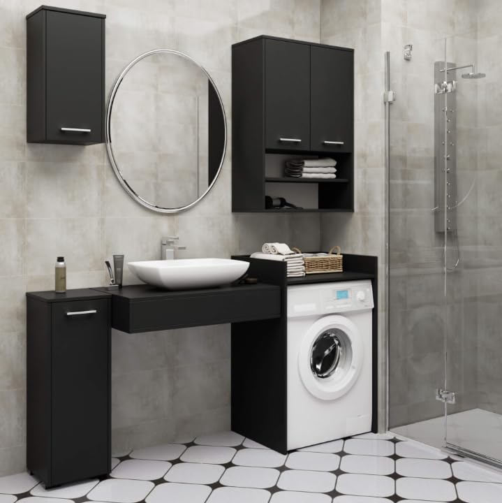 BDW Waschmaschinenschrank 97,5x64x50 cm, für Waschmaschine & Wäschetrockner, Badezimmerschrank Hoch, Badezimmer Möbel, Bad Schrank Badezimmerschrank (Schwarz)