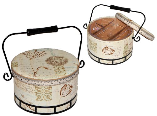 alles-meine.de GmbH 2 TLG. Nähkorb groß rund mit Metallgriff - beige Creme Noten - Stoff Nähkasten Nähkästchen bunt Handarbeitskorb