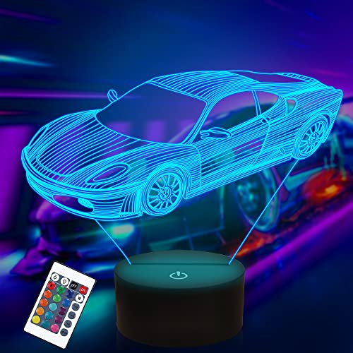 Attivolife Lampe cadeau 3D pour voiture, Veilleuse optique Illusion de véhicules de rallye 16 couleurs changeantes avec télécommande, cadeau d'anniversaire pour chambre d'enfant Cover