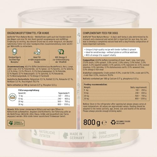 AniForte Hundefutter Nass WildBuffalo 6 x 800g – Nassfutter für Hunde, Frischer Büffel mit Gemüse & Früchten, hoher Fleischanteil, Natürliches Hundenassfutter glutenfrei