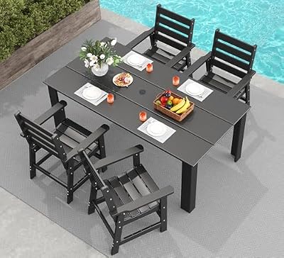 GREENVINES 5-Piece Outdoor Dining Set | HDPE | Patio Table and Chairs Sets for 4 | Patio Furniture | All Weather | Umbrella Hole | Black | for Backyard Poolside Garden