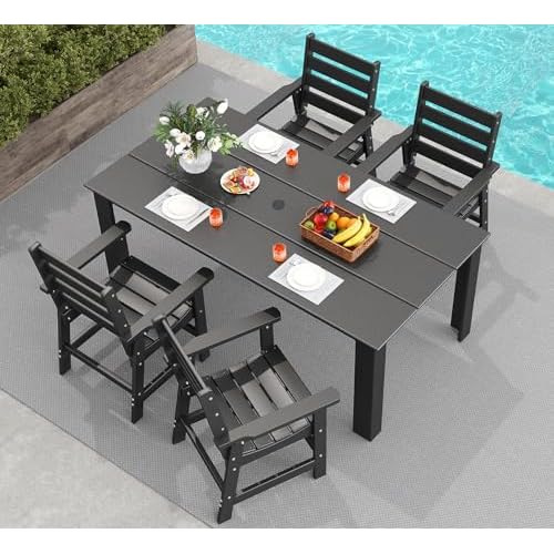 GREENVINES 5-Piece Outdoor Dining Set | HDPE | Patio Table and Chairs Sets for 4 | Patio Furniture | All Weather | Umbrella Hole | Black | for Backyar