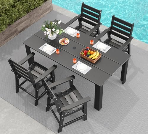 Image of GREENVINES 5-Piece Outdoor Dining Set | HDPE | Patio Table and Chairs Sets for 4 | Patio Furniture | All Weather | Umbrella Hole | Black | for Backyard Poolside Garden