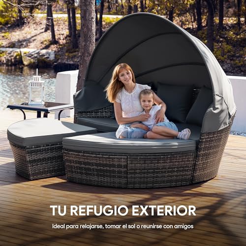 VONLUCE 4 Piezas Tumbona de Cama de Ratán para Jardín Sofá Cama con Cojínes y Almohadas Cama Modular Exterior con Toldo Ajustable - Image 3