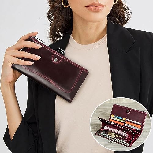 Image of CONTACTS Kiss Lock Wallet for Women Leather Kiss Clasp Purse Bifold Wallets Card Phone Holder Clutch with Rfid Blocking (Red)