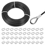 QUARKZMAN Cavo In Acciaio Inox 304 Rivestito In Vinile 3mm (1/8") Con 20 Pezzi Di Manicotti In Alluminio E Girella Per Ringhiere, Decking, Appendere, Stendibiancheria, Nero 50m