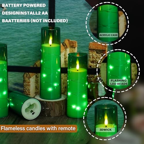 Image of Nimiko Flickering Flameless LED Candles,Battery Operated Candles 9 Pcs with Embedded Star String,Acrylic LED Pillar Candles with Remote,Suitable for Home Decoration to Create an Atmosphere (Green)