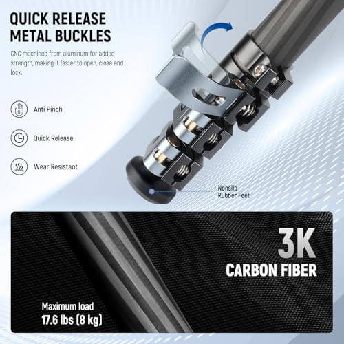 Image of NEEWER 60.4 inch Travel Tripod Carbon Fiber with Detachable Damped Fluid Head, Lightweight Video Camera Stand with Metal Quick Flip Buckle, Arca Type QR Plate Compatible with PD, LT37