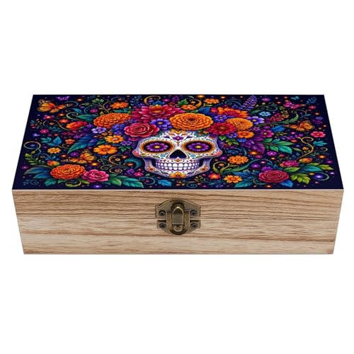 SNRLZUY Vibrant Da De Los Muertos Skull Centerpiece Vintage Wooden Keepsake Box with Hinged Lid, Small Jewelry Chest & Memory Storage Organizer for Women Home Decor