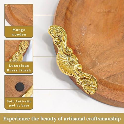 Image of BEHOMA Mango Wood Oval Serving Platter, Brass Motif, 32cm | Mango wood oval platter with brass motif, 32cm; festive serveware for Durga Puja & Navratri decor.